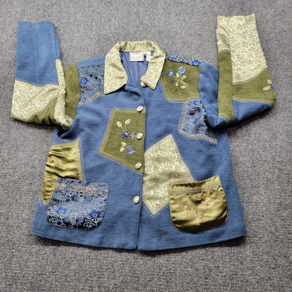 Vintage Napa Valley Patchwork Floral Embroidered Jacket Blue Green Size M